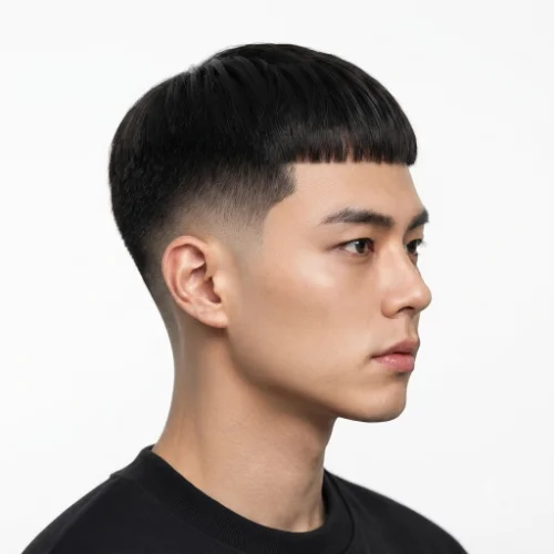 Man with a low taper fade Caesar cut and skin fade finish