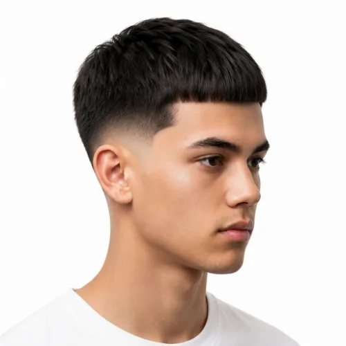 Teen boy with a stylish low taper fade Caesar cut