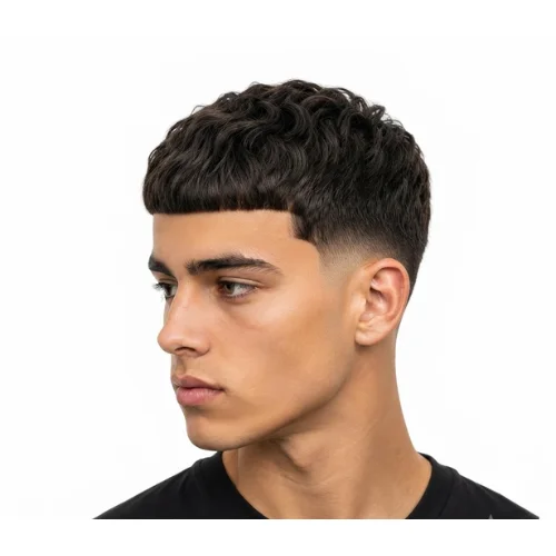 Man with a naturally textured Caesar cut and low taper fade