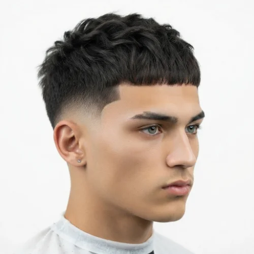 Man with a layered Caesar cut and low taper fade