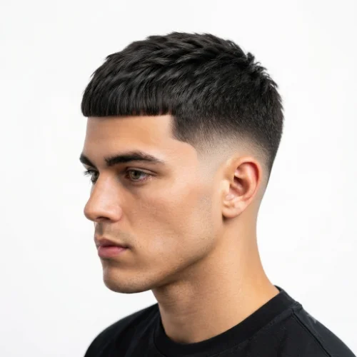 Man with a trending low taper fade Caesar cut hairstyle for 2026
