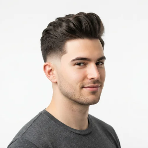 Man with a low taper fade soft quiff featuring smooth volume and neatly faded sides on a white background.