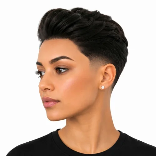 Man with a low taper fade drop quiff featuring a curved fade and textured volume on top.