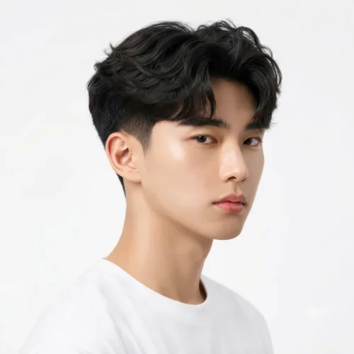 Man with a low taper fade forward quiff styled toward the front with textured volume on a white background.