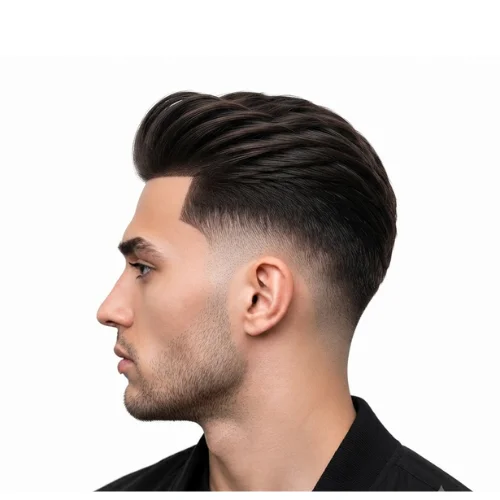 Man with a classic quiff cut and low taper fade featuring clean sides and styled volume.