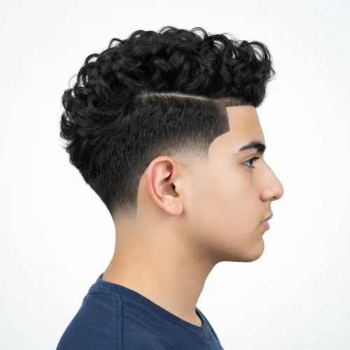 Man with a quiff undercut and low taper fade featuring a voluminous top and clean sides.