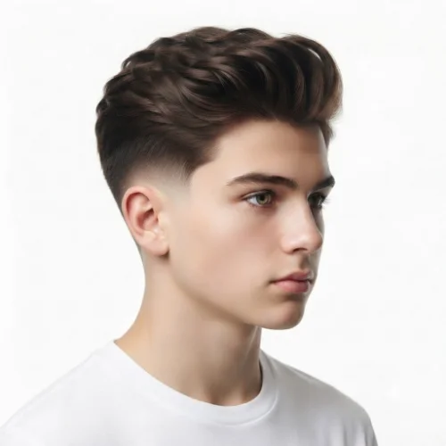 Man with a medium quiff and low taper fade featuring balanced volume and clean faded sides.