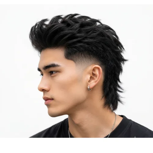 Man with a quiff mullet and low taper fade featuring textured volume and longer hair at the back.