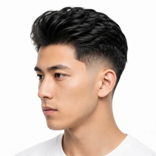 Man with a burst quiff and low taper fade featuring rounded faded sides and textured hair.