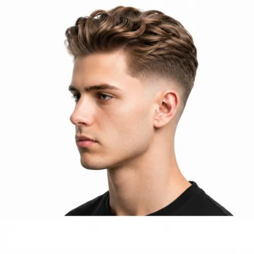Man with a medium quiff and low taper fade featuring natural volume and a clean finish.