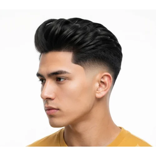 Man with a pompadour quiff and low taper fade featuring high volume and neatly styled hair.