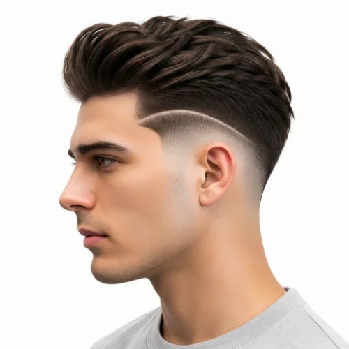 Man with a side swept quiff and low taper fade featuring textured hair styled to one side.
