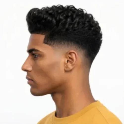 Man with a low taper fade mid quiff hairstyle featuring moderate volume and clean faded sides on a white background.