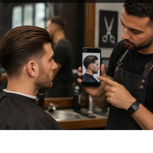 Man showing his barber a photo of the exact slick back hairstyle he wants