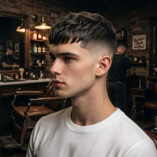 Low taper fade textured crop with fringe haircut for men