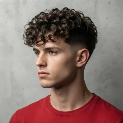 Man with curly hair and a low taper burst fade featuring natural curls and clean sides on a white background.