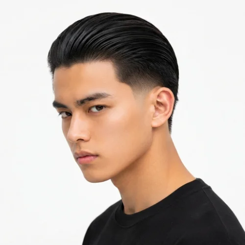 Man with slicked-back hair and a low taper burst fade featuring clean sides on a white background.