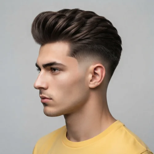 Man with a voluminous quiff and low taper burst fade on a clean white background.