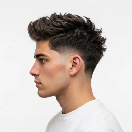 Man with a textured mohawk and low taper burst fade featuring clean faded sides on a white background.