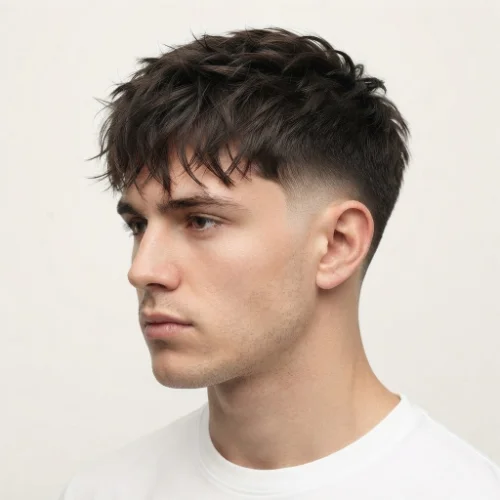 Man with a low taper burst fade and textured top featuring natural volume on a white background.