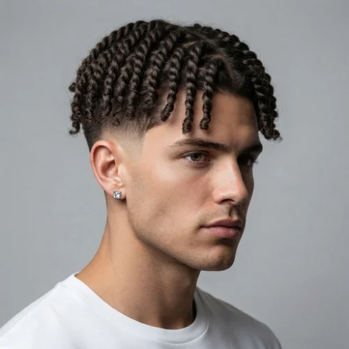 Man with textured twists and a low taper burst fade featuring clean faded sides on a white background.