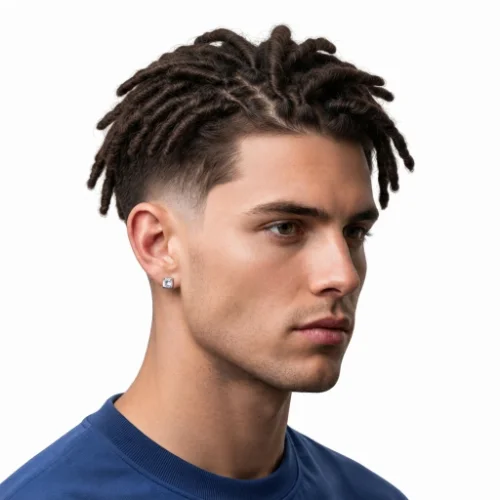 Man with dreadlocks and a low taper burst fade featuring clean faded sides on a white background.