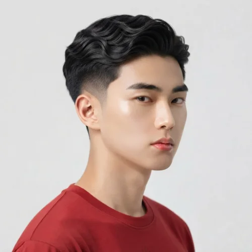 Man with wave-textured hair and a low taper burst fade featuring clean faded sides on a white background.