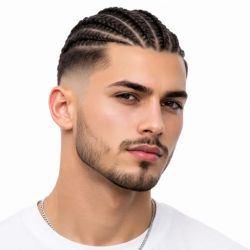Man with braided hair and a low taper burst fade featuring clean faded sides on a white background.