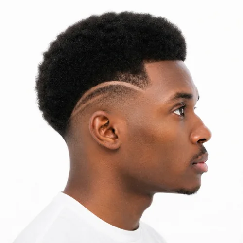 Black man with an afro hairstyle and low taper burst fade featuring clean faded sides on a white background.