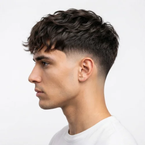 Man with a textured fringe and low taper burst fade featuring clean faded sides on a white background.