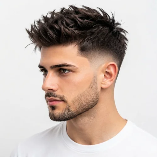 Man with spiky textured hair and a low taper burst fade on a clean white background.