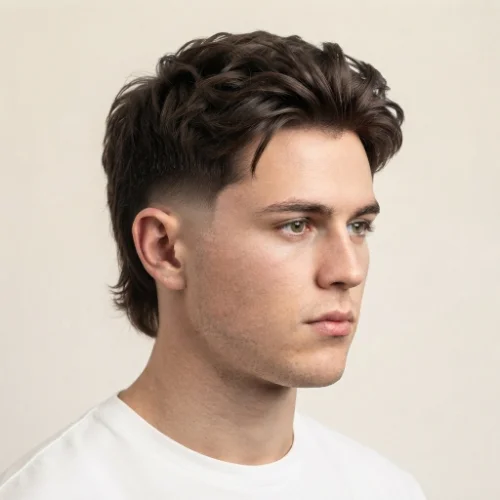 Man with a low taper burst fade mullet featuring textured hair on top and longer hair at the back.