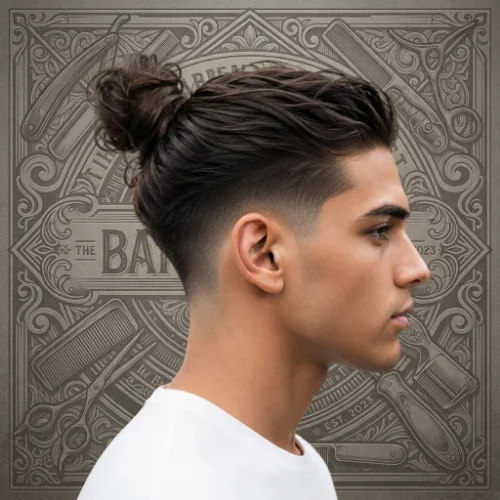 Man with long hair styled in a man bun and a low taper fade on a clean white background.