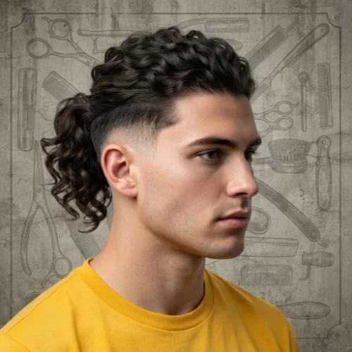 Man with long hair tied in a ponytail and a low taper fade featuring clean sides on a white background.
