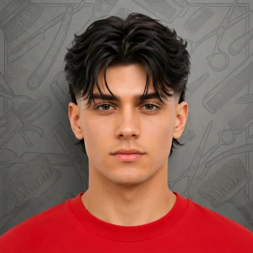 Man with layered long hair and a low taper fade featuring natural texture and movement on a white background.