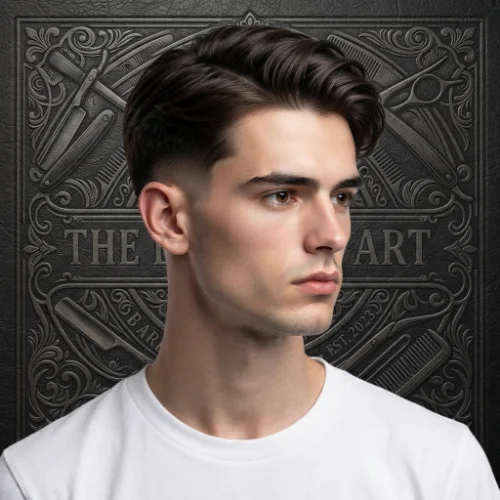 Man with long hair styled with a side part and low taper fade on a clean white background.