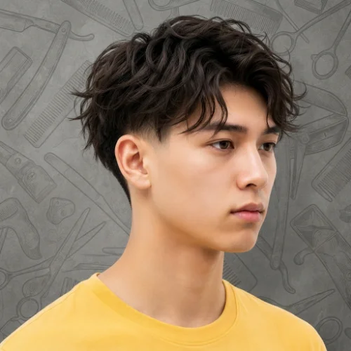Man with long messy textured hair and a low taper fade featuring a relaxed finish on a white background.