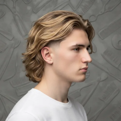 Man with long blonde hair and a low taper fade featuring clean faded sides on a white background.