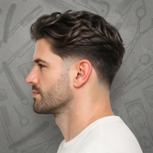 Man with a modern long hairstyle and low taper fade featuring trendy texture and clean faded sides on a white background.