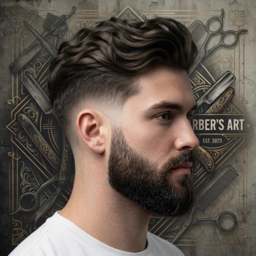 Man with long hair, a low taper fade, and a neatly groomed beard on a white background.