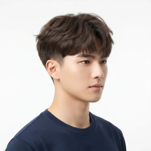 Man with a classic low taper fade fluffy hairstyle featuring soft volume, clean faded sides, and a natural finish on a white background.