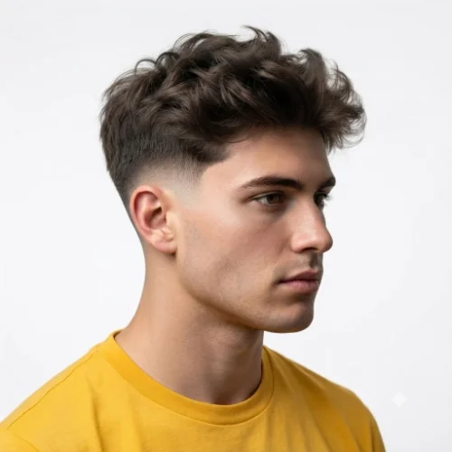 Man with a modern low taper fade fluffy hairstyle featuring textured volume and clean faded sides on a white background.