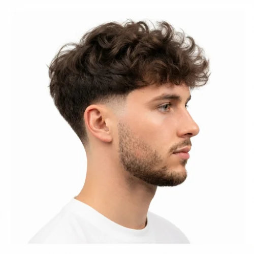 Man with a textured low taper fade fluffy hairstyle and layered volume on a white background.