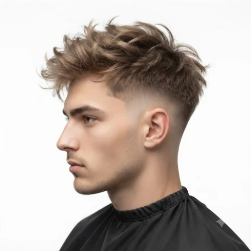 Man with a messy low taper fade fluffy hairstyle featuring natural texture on a white background.