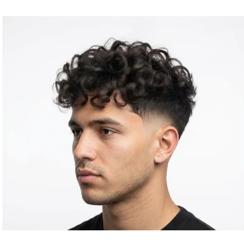 Man with curly fluffy hair and a low taper fade on a clean white background.
