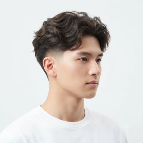Man with wavy fluffy hair styled with a low taper fade on a white background.