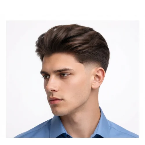 Man with straight fluffy hair and a low taper fade hairstyle on a white background.