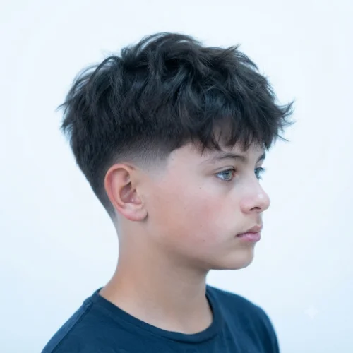 Man with thick fluffy hair styled into a low taper fade on a clean white background.