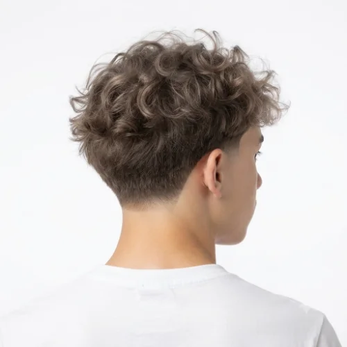 Man with thin fluffy hair and a low taper fade hairstyle on a white background.