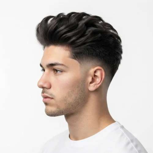 Man with a long fluffy top and low taper fade hairstyle on a white background.